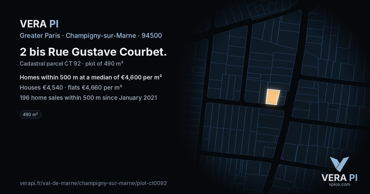 2 bis Rue Gustave Courbet, Champigny-sur-Marne at night – the plot lit, the parcels around coloured by the prices near them