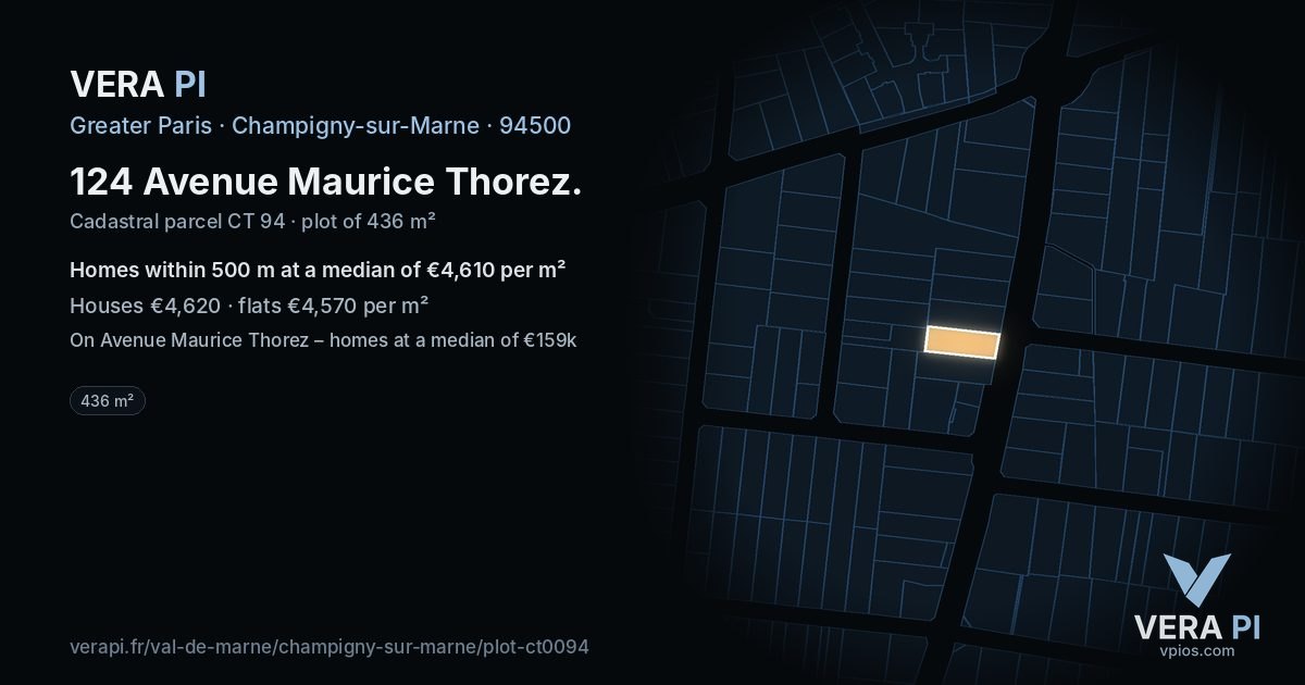 124 Avenue Maurice Thorez, Champigny-sur-Marne at night – the plot lit, the parcels around coloured by the prices near them