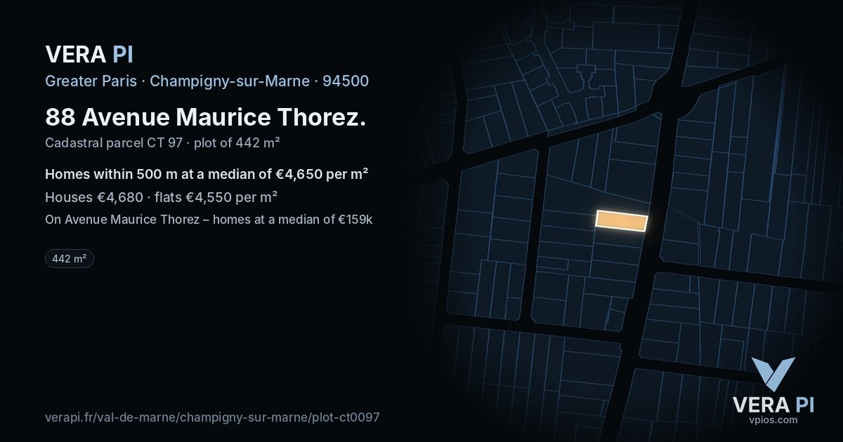 88 Avenue Maurice Thorez, Champigny-sur-Marne at night – the plot lit, the parcels around coloured by the prices near them