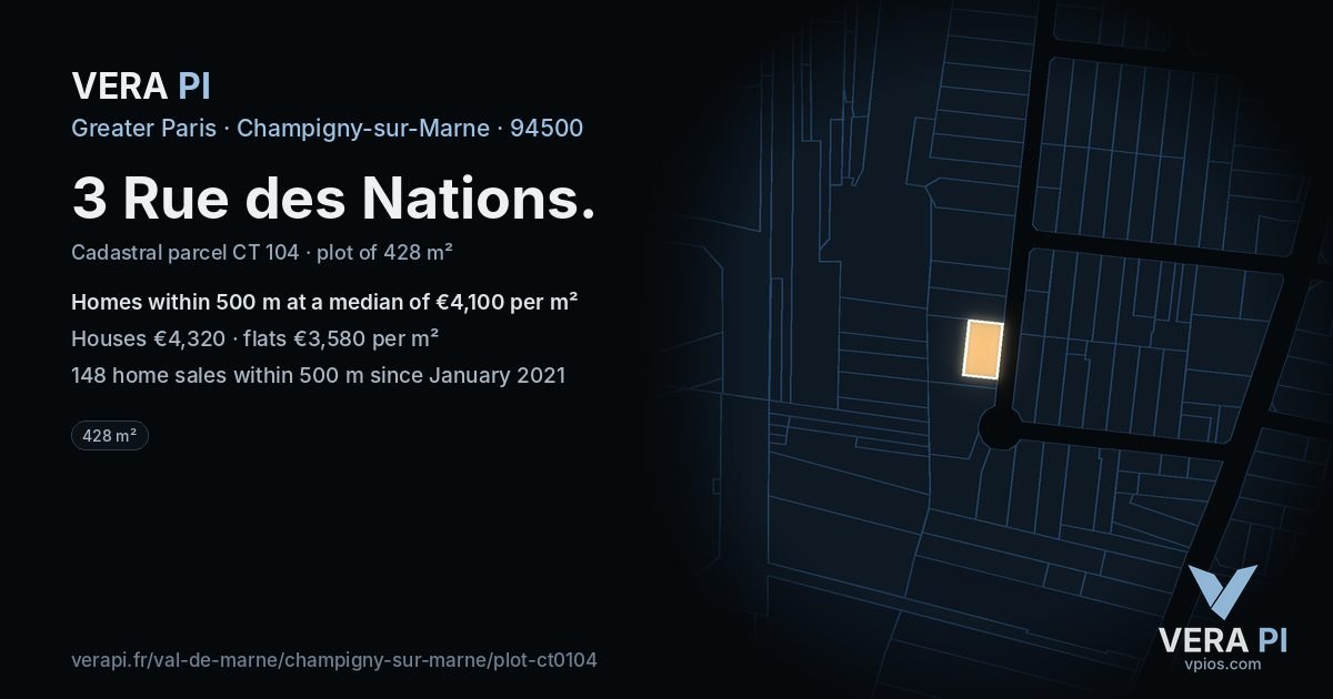 3 Rue des Nations, Champigny-sur-Marne at night – the plot lit, the parcels around coloured by the prices near them
