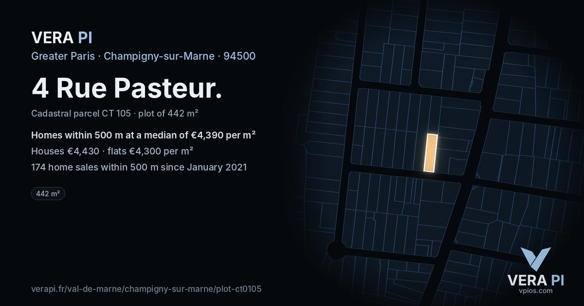 4 Rue Pasteur, Champigny-sur-Marne at night – the plot lit, the parcels around coloured by the prices near them