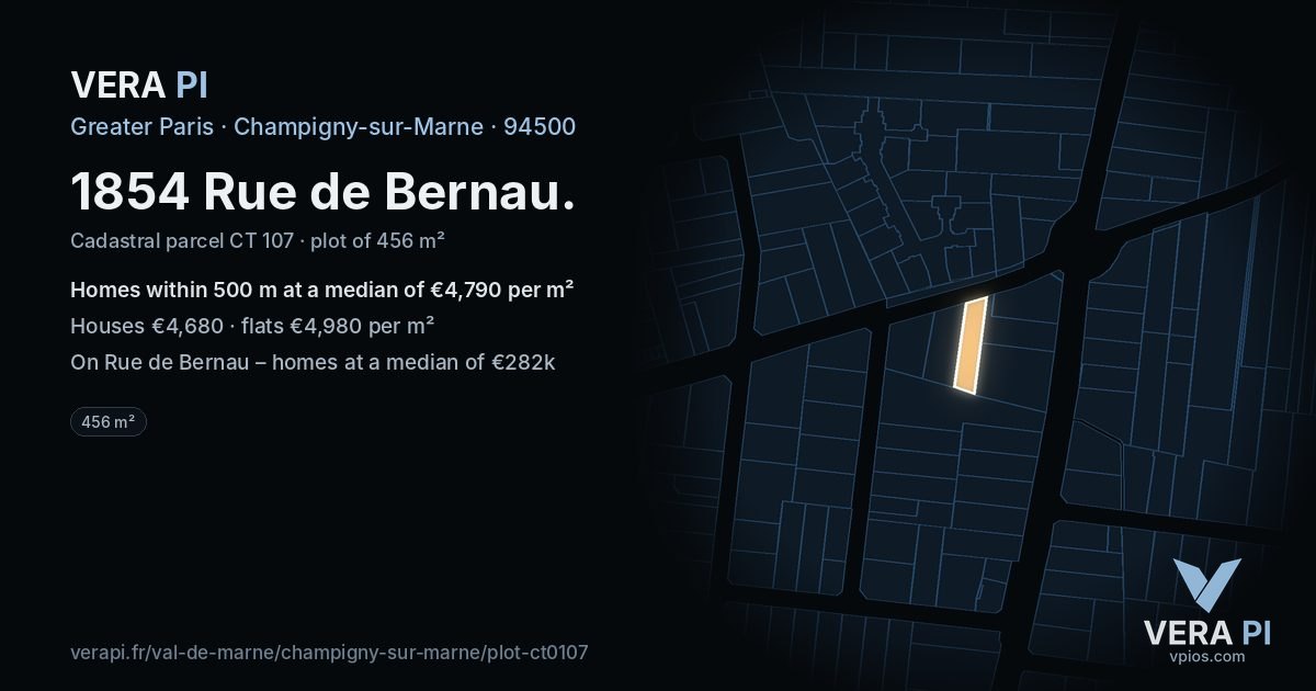 1854 Rue de Bernau, Champigny-sur-Marne at night – the plot lit, the parcels around coloured by the prices near them
