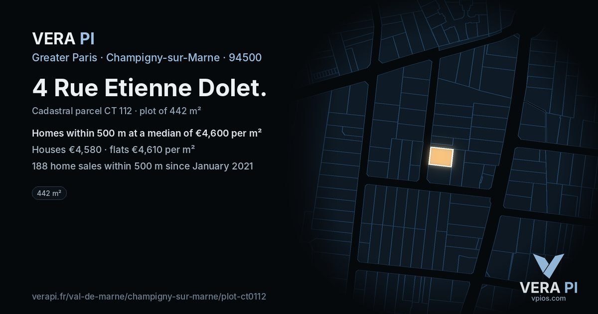 4 Rue Etienne Dolet, Champigny-sur-Marne at night – the plot lit, the parcels around coloured by the prices near them