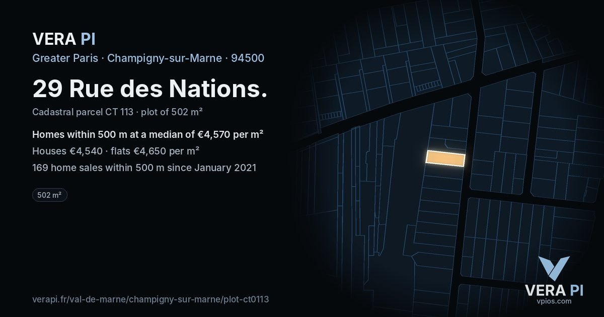 29 Rue des Nations, Champigny-sur-Marne at night – the plot lit, the parcels around coloured by the prices near them