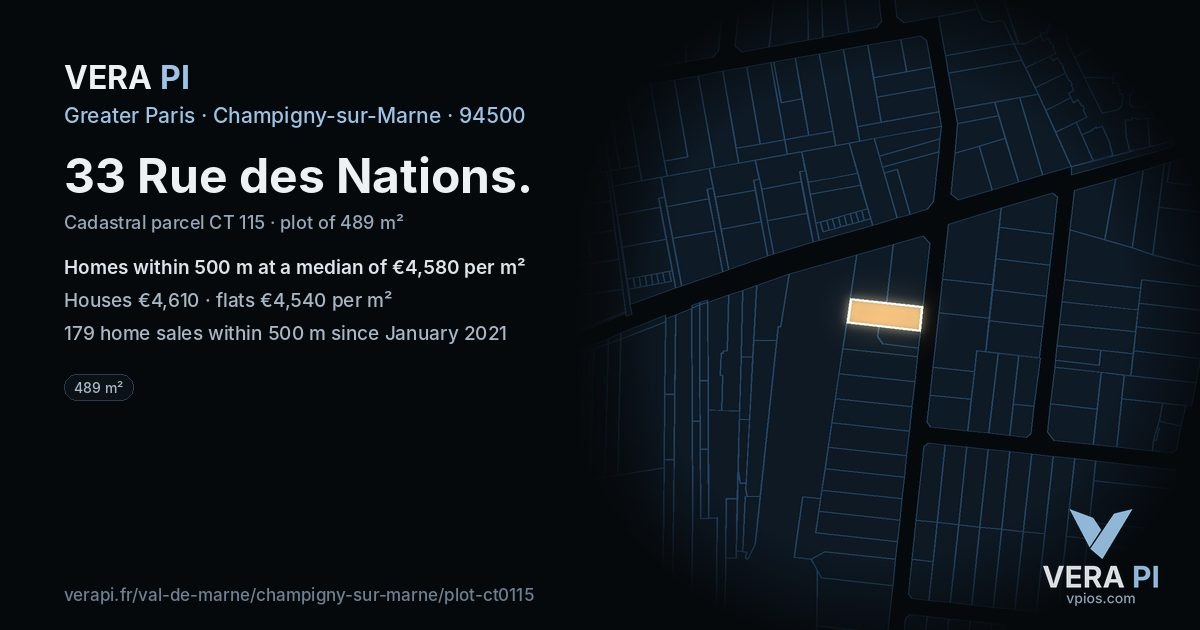 33 Rue des Nations, Champigny-sur-Marne at night – the plot lit, the parcels around coloured by the prices near them