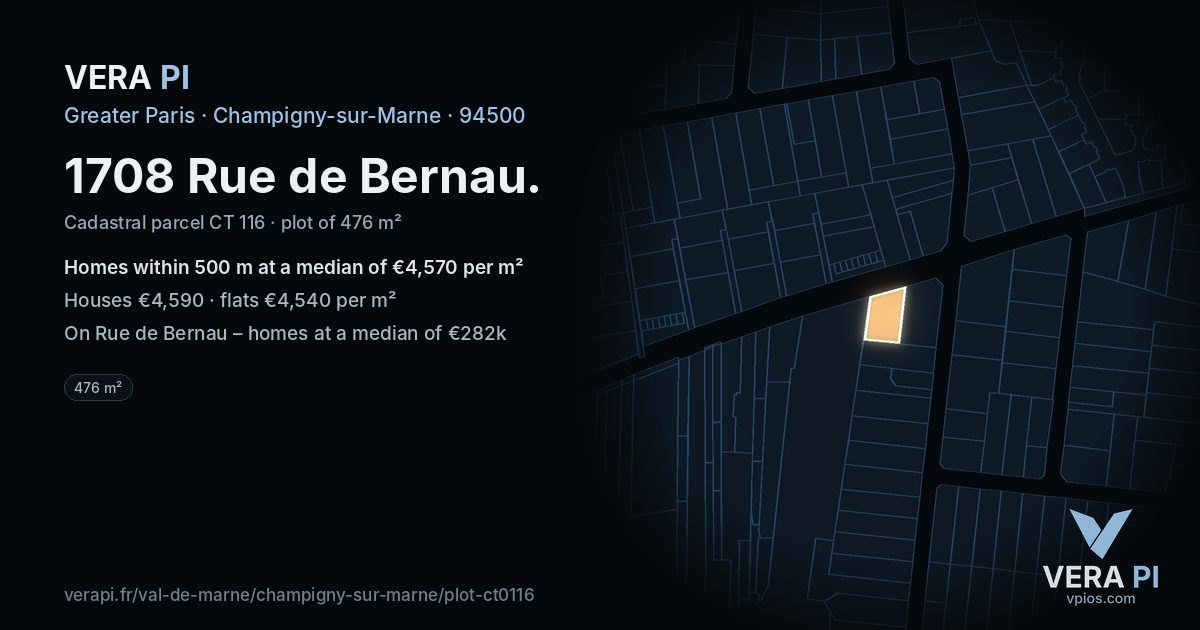 1708 Rue de Bernau, Champigny-sur-Marne at night – the plot lit, the parcels around coloured by the prices near them