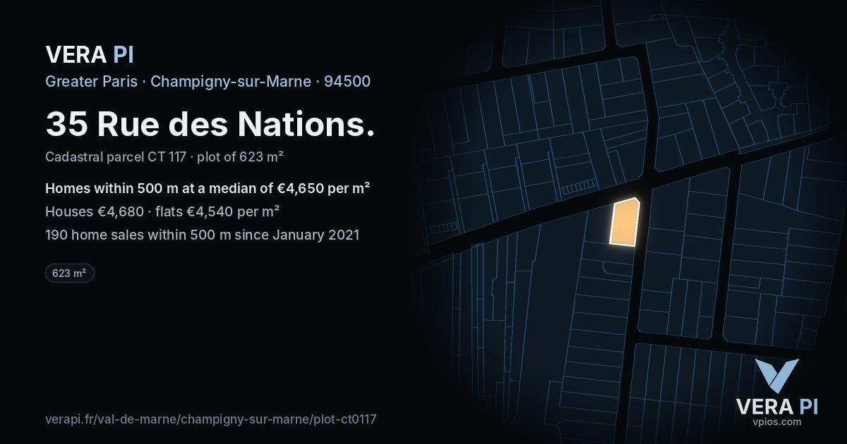 35 Rue des Nations, Champigny-sur-Marne at night – the plot lit, the parcels around coloured by the prices near them