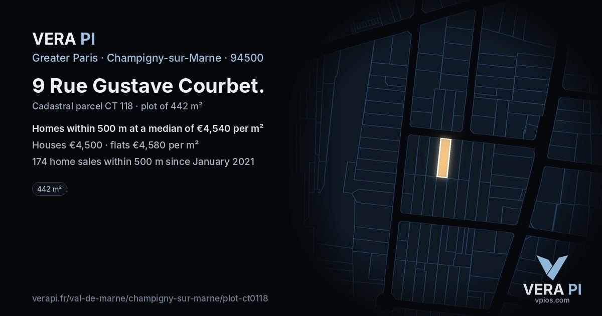 9 Rue Gustave Courbet, Champigny-sur-Marne at night – the plot lit, the parcels around coloured by the prices near them