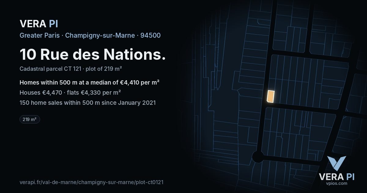 10 Rue des Nations, Champigny-sur-Marne at night – the plot lit, the parcels around coloured by the prices near them