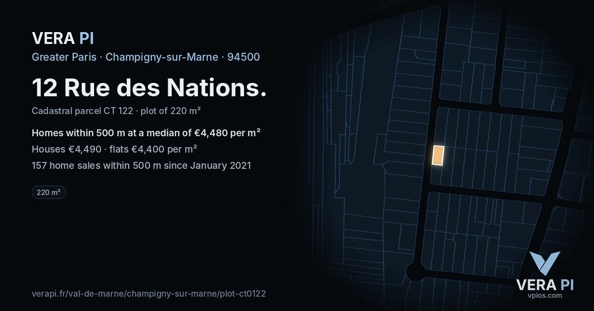 12 Rue des Nations, Champigny-sur-Marne at night – the plot lit, the parcels around coloured by the prices near them