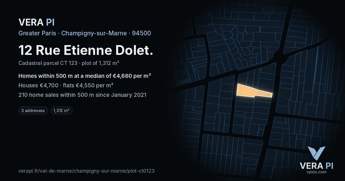 12 Rue Etienne Dolet, Champigny-sur-Marne at night – the plot lit, the parcels around coloured by the prices near them