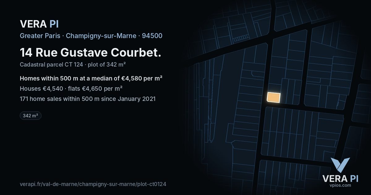 14 Rue Gustave Courbet, Champigny-sur-Marne at night – the plot lit, the parcels around coloured by the prices near them