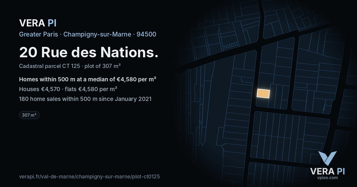 20 Rue des Nations, Champigny-sur-Marne at night – the plot lit, the parcels around coloured by the prices near them