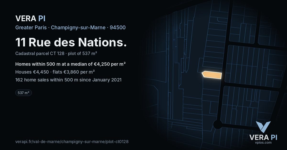 11 Rue des Nations, Champigny-sur-Marne at night – the plot lit, the parcels around coloured by the prices near them