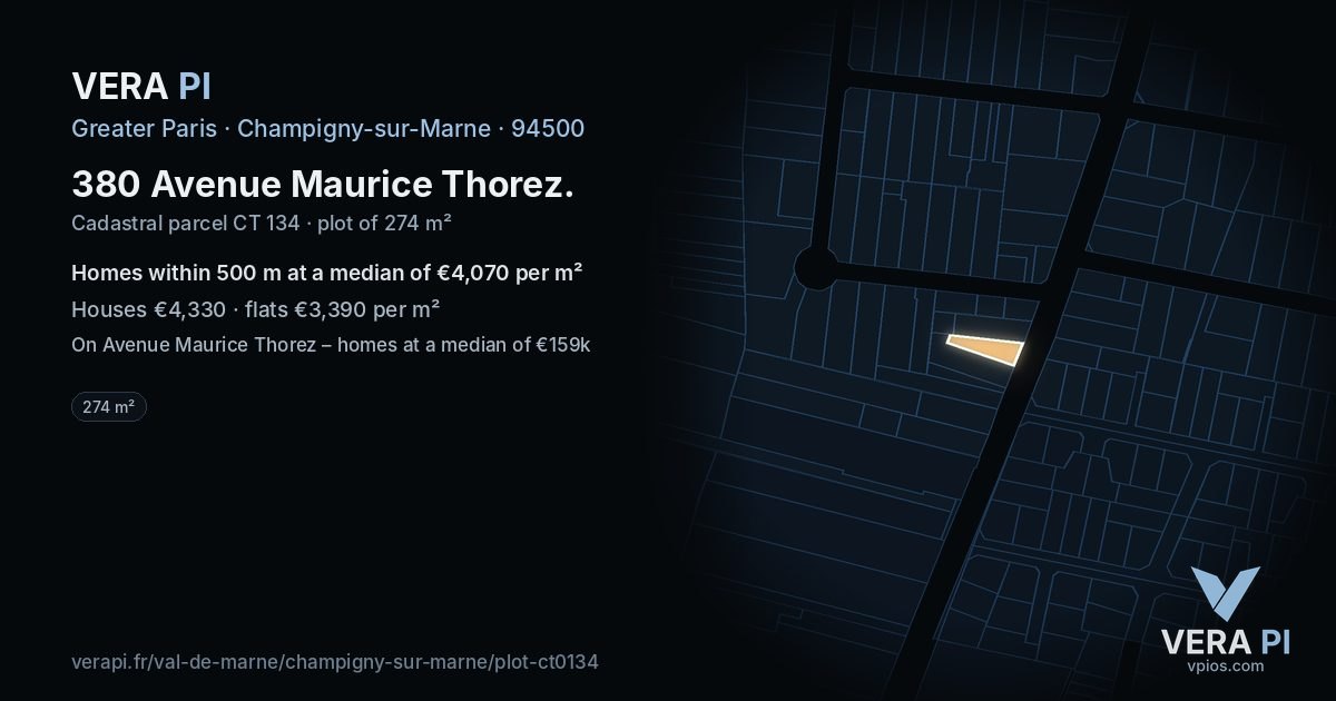 380 Avenue Maurice Thorez, Champigny-sur-Marne at night – the plot lit, the parcels around coloured by the prices near them