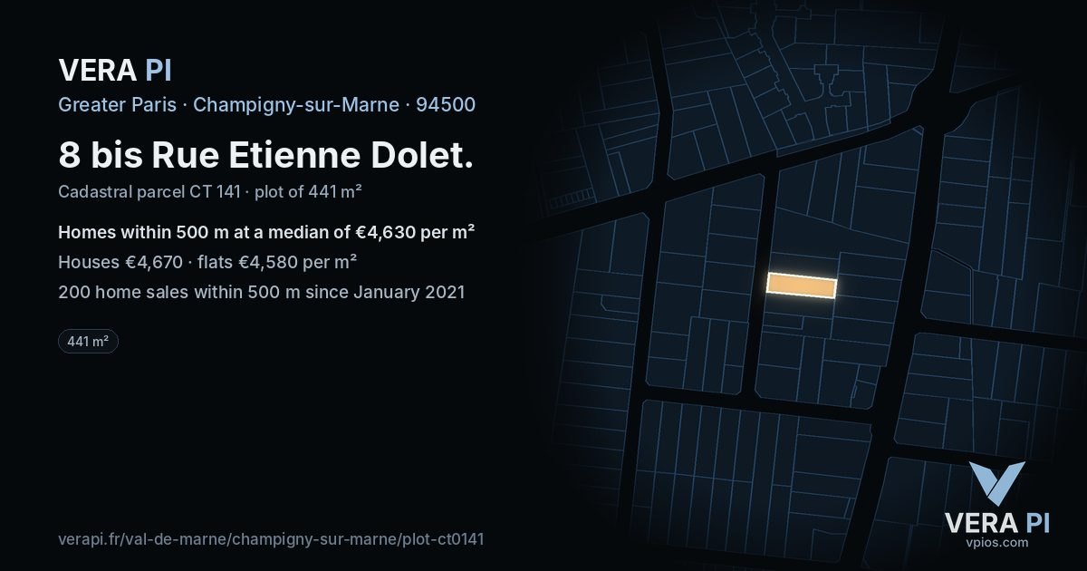 8 bis Rue Etienne Dolet, Champigny-sur-Marne at night – the plot lit, the parcels around coloured by the prices near them