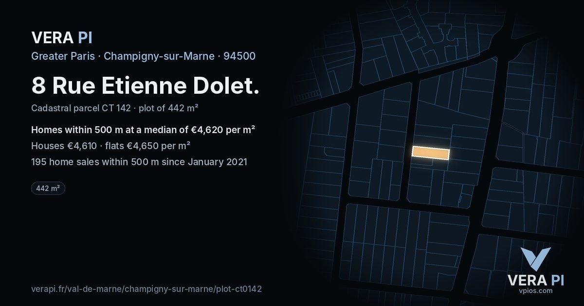 8 Rue Etienne Dolet, Champigny-sur-Marne at night – the plot lit, the parcels around coloured by the prices near them