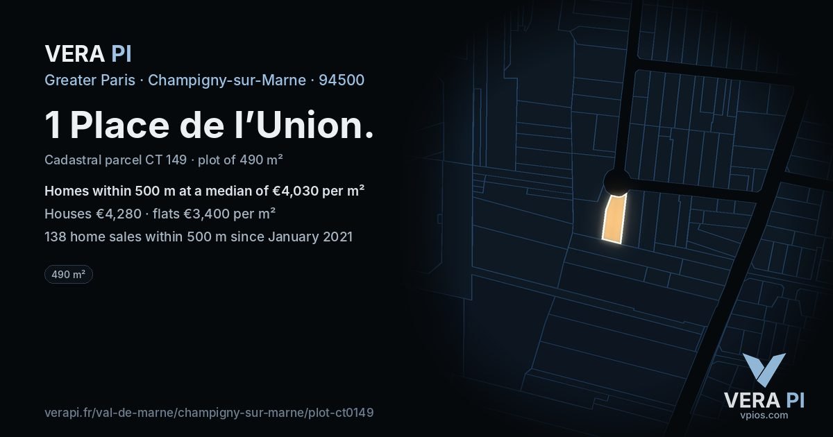 1 Place de l’Union, Champigny-sur-Marne at night – the plot lit, the parcels around coloured by the prices near them