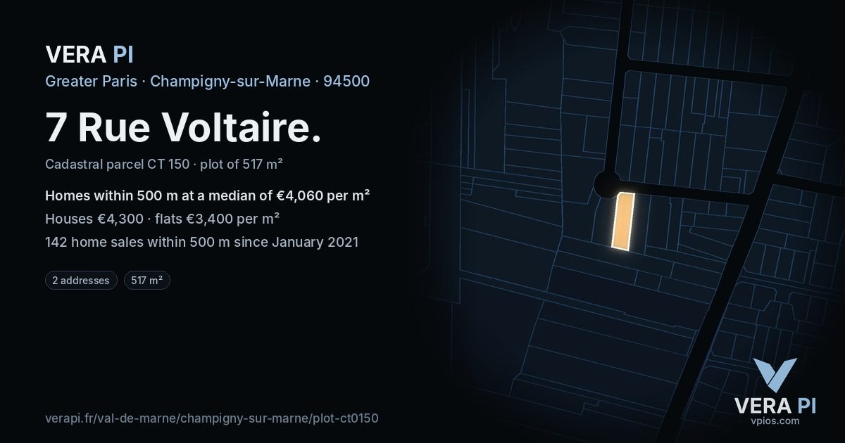 7 Rue Voltaire, Champigny-sur-Marne at night – the plot lit, the parcels around coloured by the prices near them