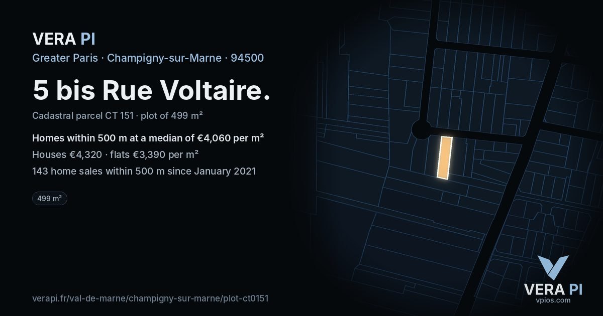5 bis Rue Voltaire, Champigny-sur-Marne at night – the plot lit, the parcels around coloured by the prices near them