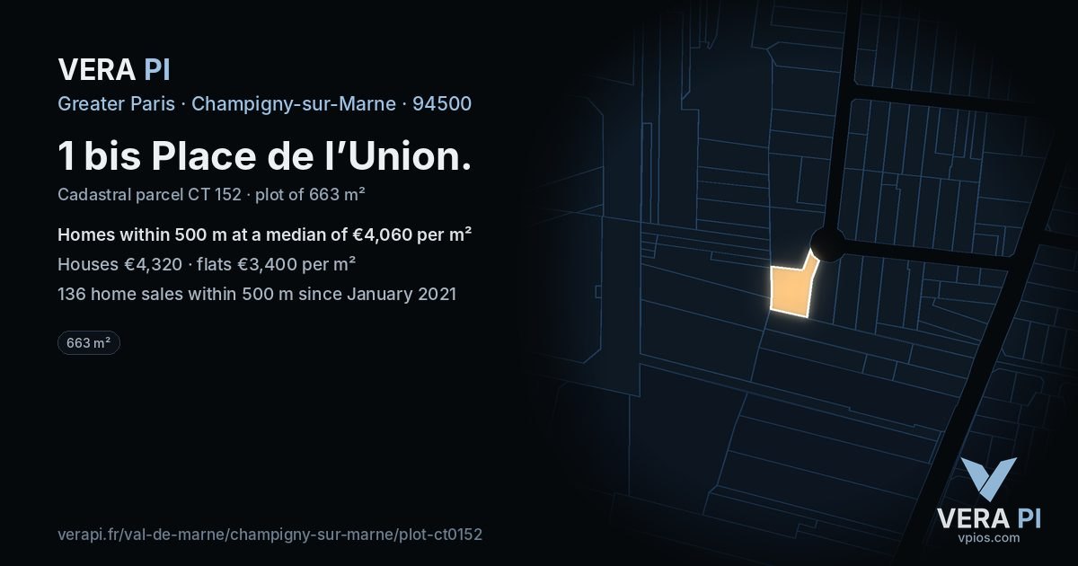 1 bis Place de l’Union, Champigny-sur-Marne at night – the plot lit, the parcels around coloured by the prices near them