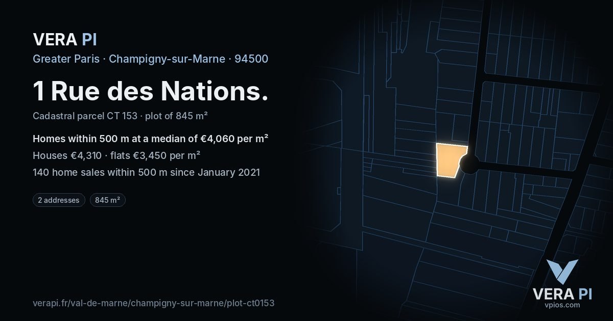 1 Rue des Nations, Champigny-sur-Marne at night – the plot lit, the parcels around coloured by the prices near them