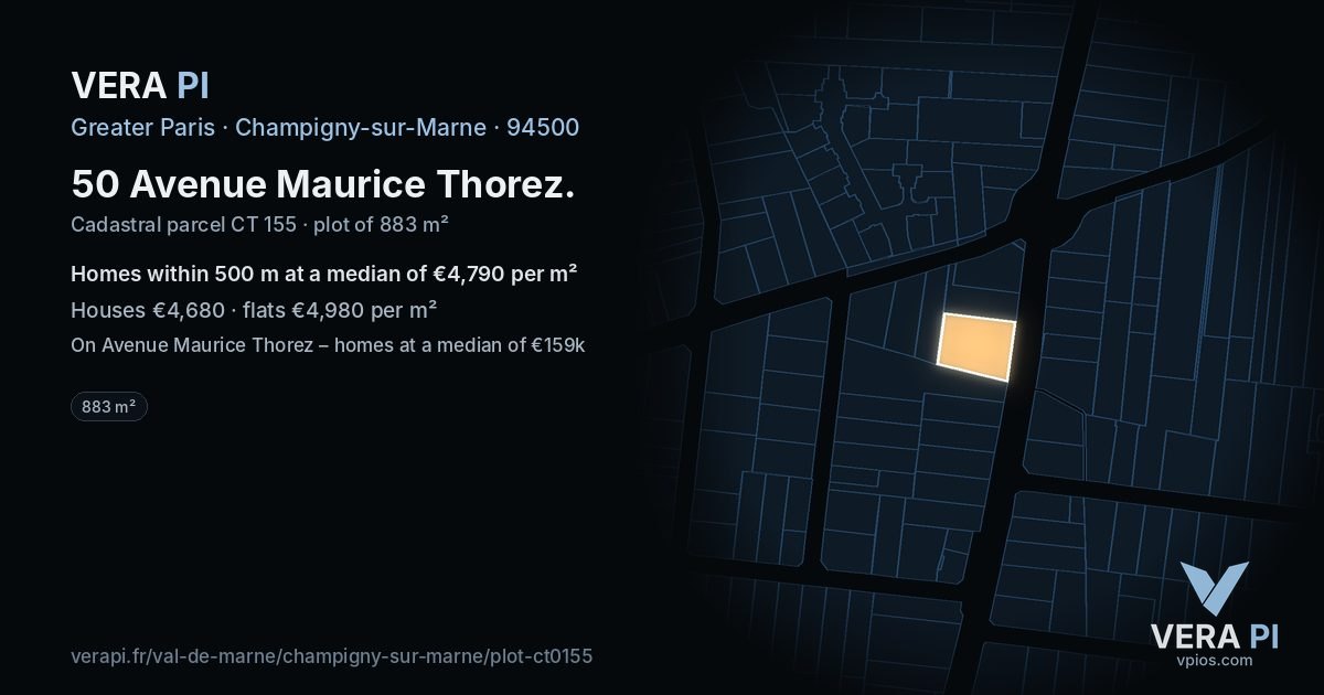 50 Avenue Maurice Thorez, Champigny-sur-Marne at night – the plot lit, the parcels around coloured by the prices near them