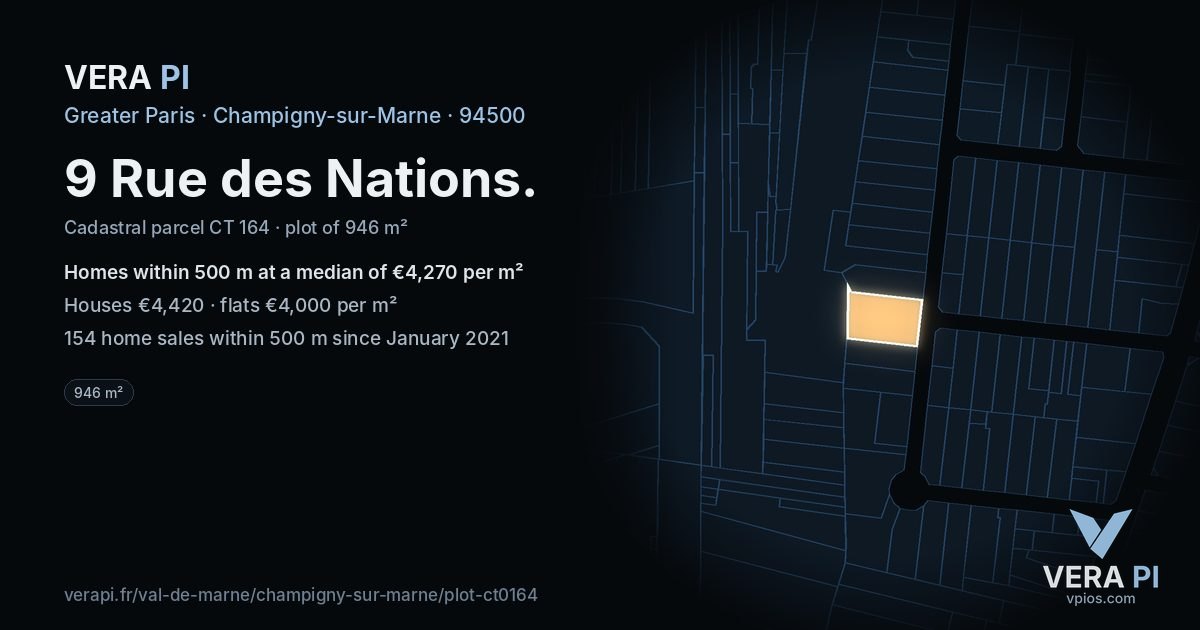 9 Rue des Nations, Champigny-sur-Marne at night – the plot lit, the parcels around coloured by the prices near them