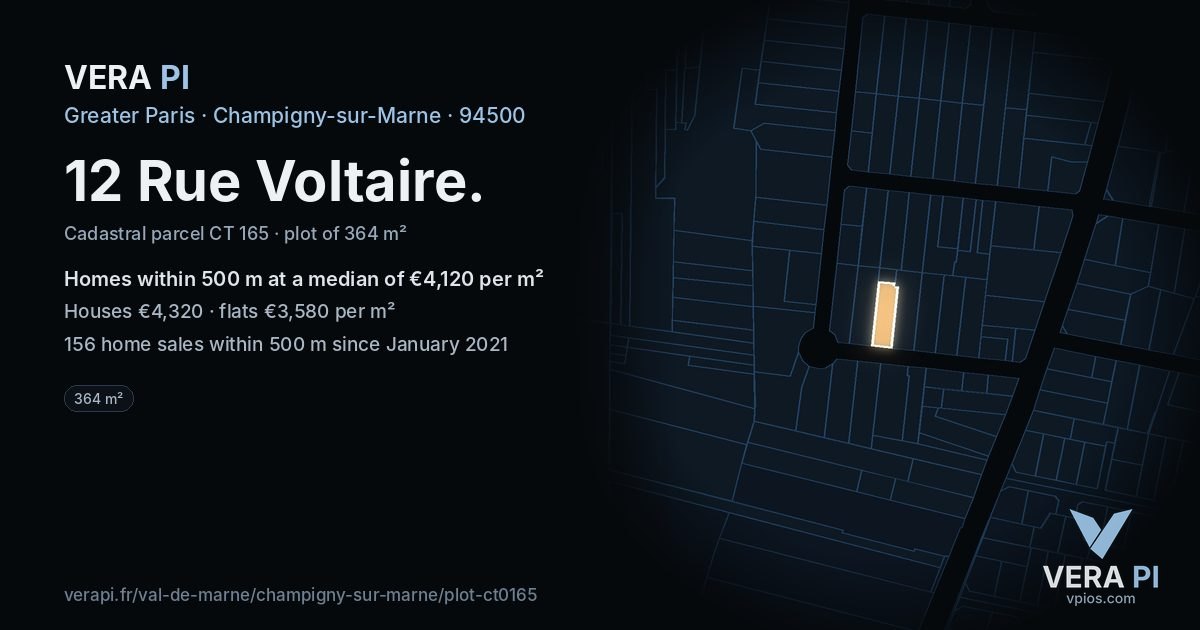 12 Rue Voltaire, Champigny-sur-Marne at night – the plot lit, the parcels around coloured by the prices near them