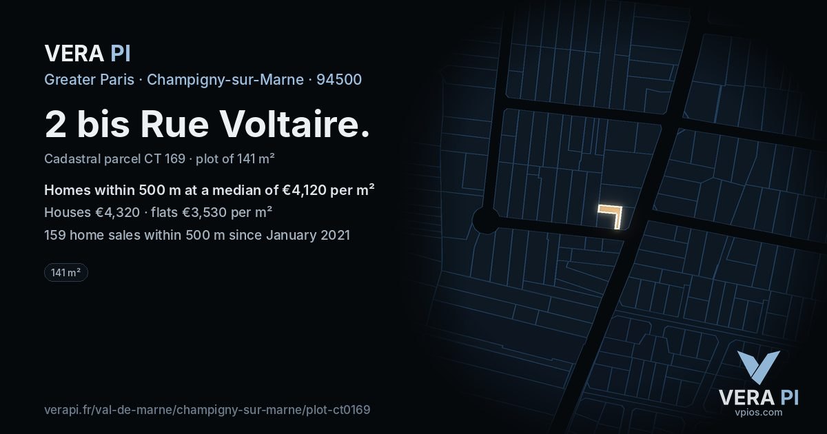 2 bis Rue Voltaire, Champigny-sur-Marne at night – the plot lit, the parcels around coloured by the prices near them