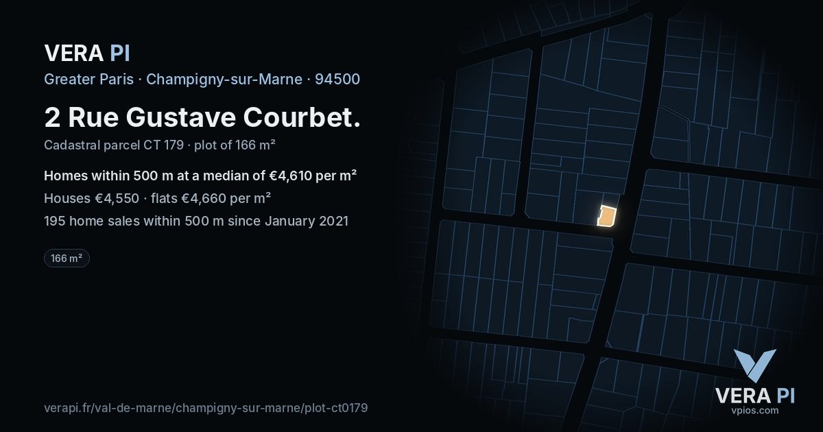 2 Rue Gustave Courbet, Champigny-sur-Marne at night – the plot lit, the parcels around coloured by the prices near them