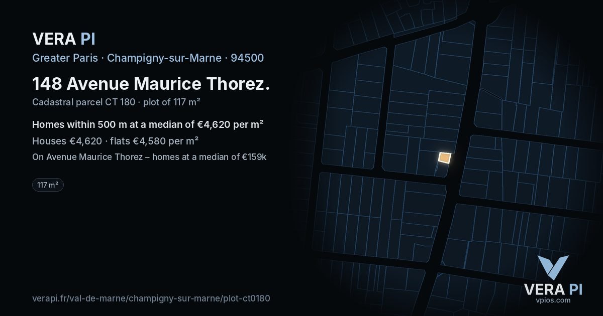 148 Avenue Maurice Thorez, Champigny-sur-Marne at night – the plot lit, the parcels around coloured by the prices near them