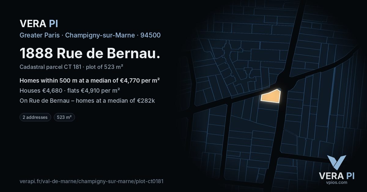 1888 Rue de Bernau, Champigny-sur-Marne at night – the plot lit, the parcels around coloured by the prices near them