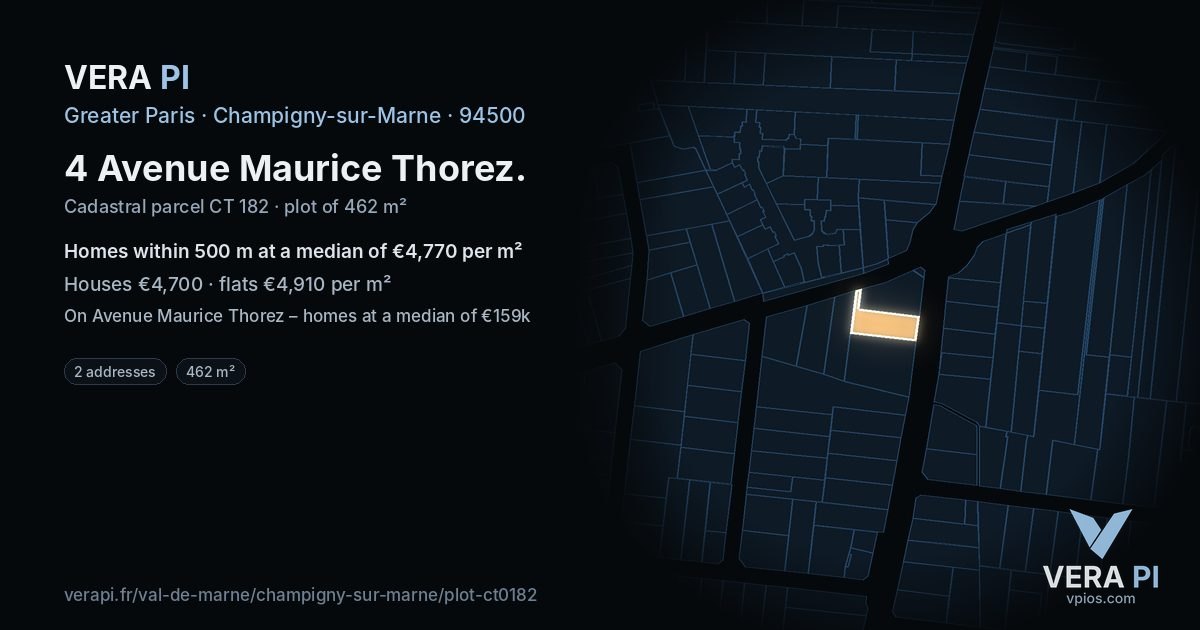 4 Avenue Maurice Thorez, Champigny-sur-Marne at night – the plot lit, the parcels around coloured by the prices near them