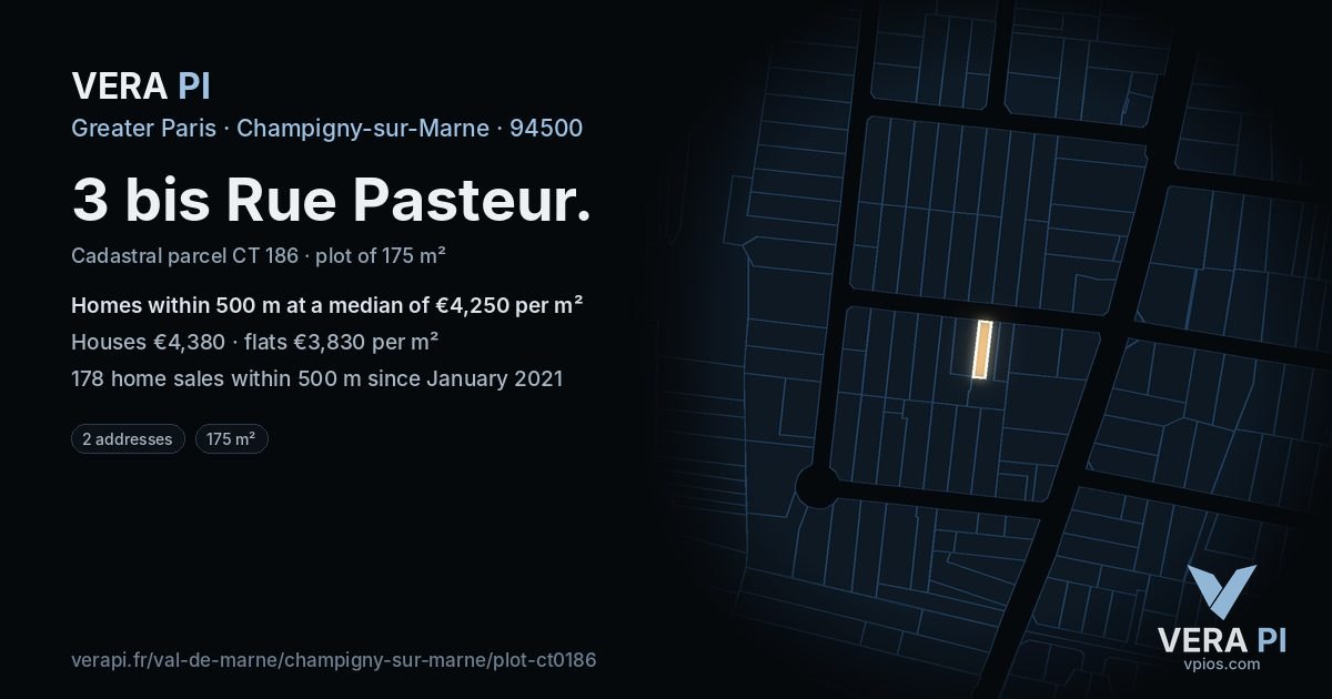 3 bis Rue Pasteur, Champigny-sur-Marne at night – the plot lit, the parcels around coloured by the prices near them