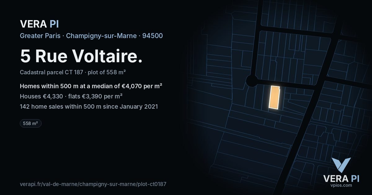 5 Rue Voltaire, Champigny-sur-Marne at night – the plot lit, the parcels around coloured by the prices near them