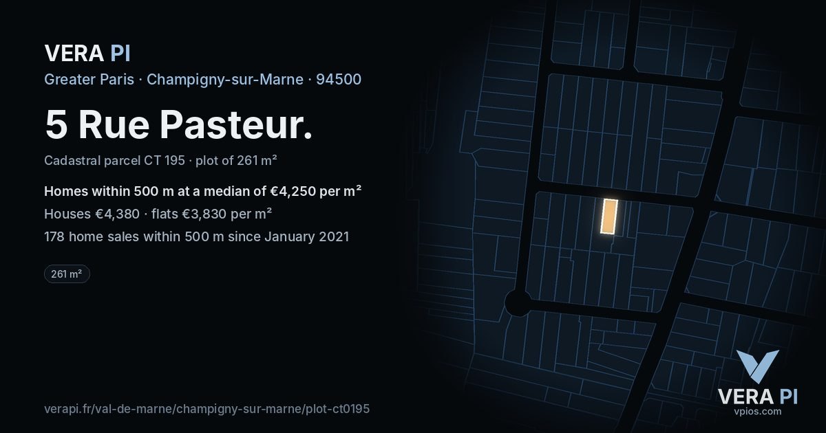 5 Rue Pasteur, Champigny-sur-Marne at night – the plot lit, the parcels around coloured by the prices near them
