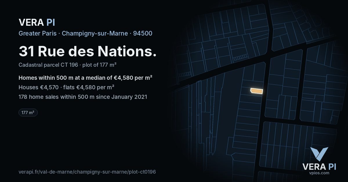31 Rue des Nations, Champigny-sur-Marne at night – the plot lit, the parcels around coloured by the prices near them