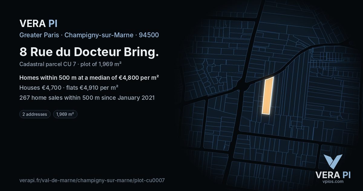 8 Rue du Docteur Bring, Champigny-sur-Marne at night – the plot lit, the parcels around coloured by the prices near them