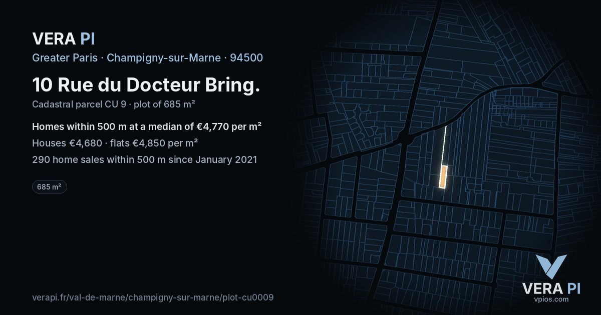 10 Rue du Docteur Bring, Champigny-sur-Marne at night – the plot lit, the parcels around coloured by the prices near them