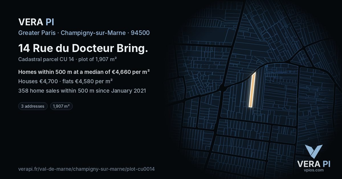 14 Rue du Docteur Bring, Champigny-sur-Marne at night – the plot lit, the parcels around coloured by the prices near them