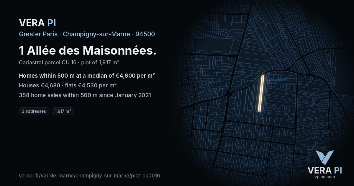 1 Allée des Maisonnées, Champigny-sur-Marne at night – the plot lit, the parcels around coloured by the prices near them