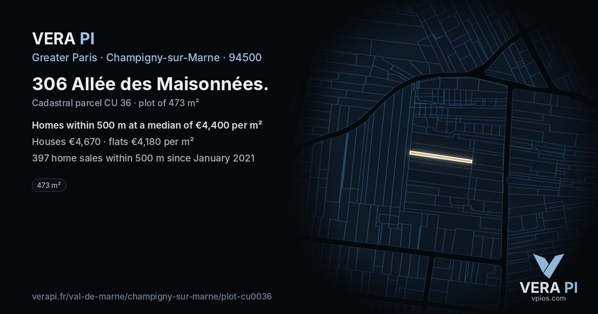 306 Allée des Maisonnées, Champigny-sur-Marne at night – the plot lit, the parcels around coloured by the prices near them