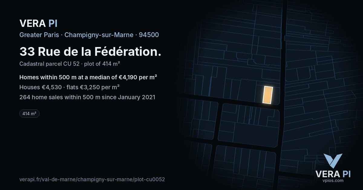 33 Rue de la Fédération, Champigny-sur-Marne at night – the plot lit, the parcels around coloured by the prices near them