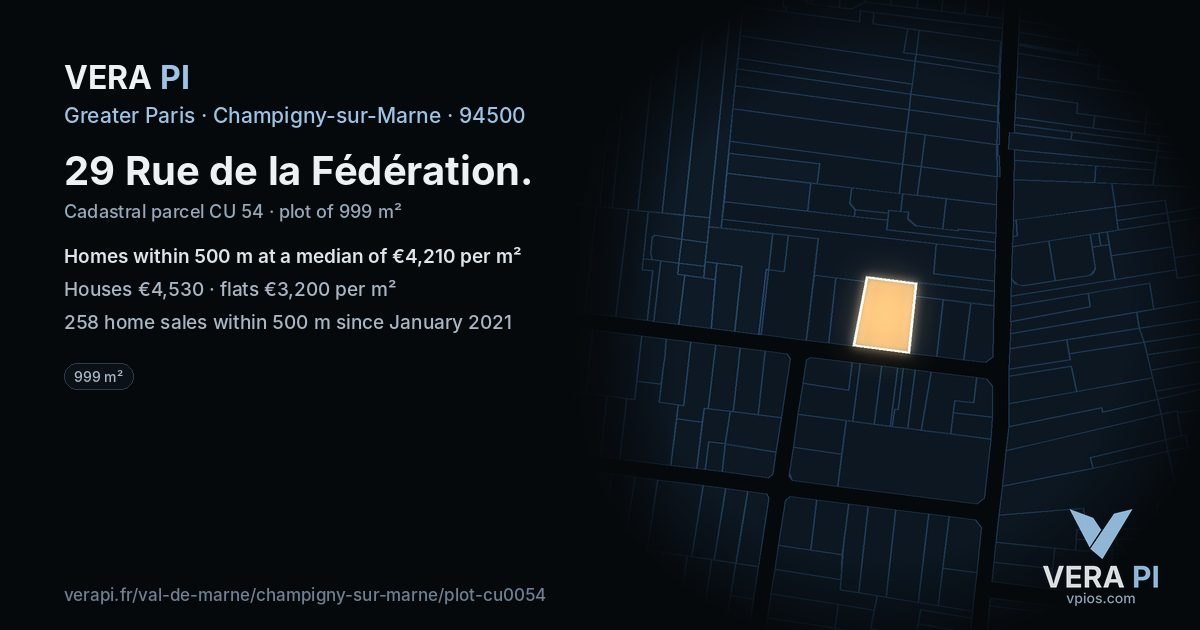 29 Rue de la Fédération, Champigny-sur-Marne at night – the plot lit, the parcels around coloured by the prices near them