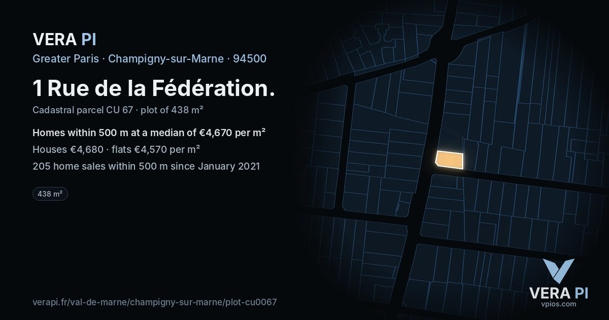 1 Rue de la Fédération, Champigny-sur-Marne at night – the plot lit, the parcels around coloured by the prices near them