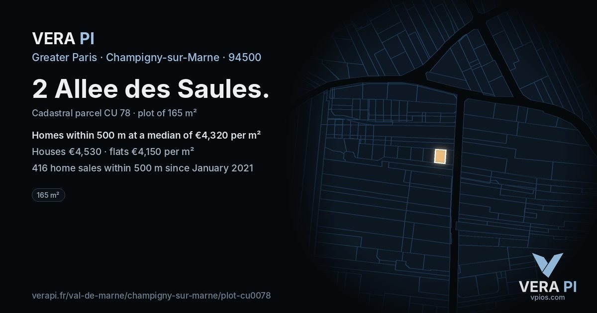 2 Allee des Saules, Champigny-sur-Marne at night – the plot lit, the parcels around coloured by the prices near them