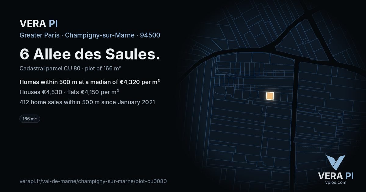 6 Allee des Saules, Champigny-sur-Marne at night – the plot lit, the parcels around coloured by the prices near them