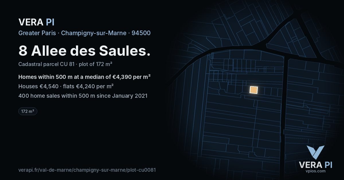 8 Allee des Saules, Champigny-sur-Marne at night – the plot lit, the parcels around coloured by the prices near them