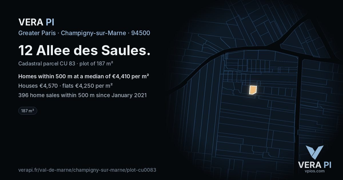 12 Allee des Saules, Champigny-sur-Marne at night – the plot lit, the parcels around coloured by the prices near them
